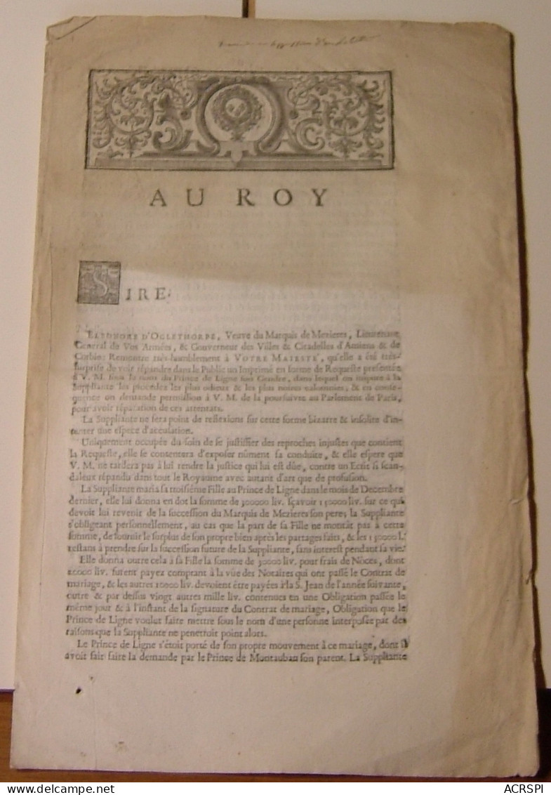 Lettre Au Roi An 1730 DOULENS AMIENS  CORBIE Eleonore D'Oglethorpe Veuve Marquis De MEZIERES Charles Joseph LAMORAL - Wetten & Decreten