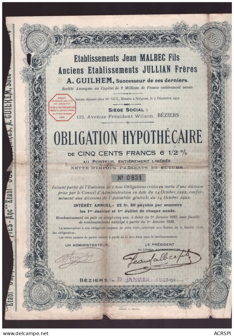 ACTION OBLIGATION  Hypothécaire De 500 Francs Etb J. MALBEC à GUILHEM Sérignan BEZIERS Janvier 1923 - Industrie