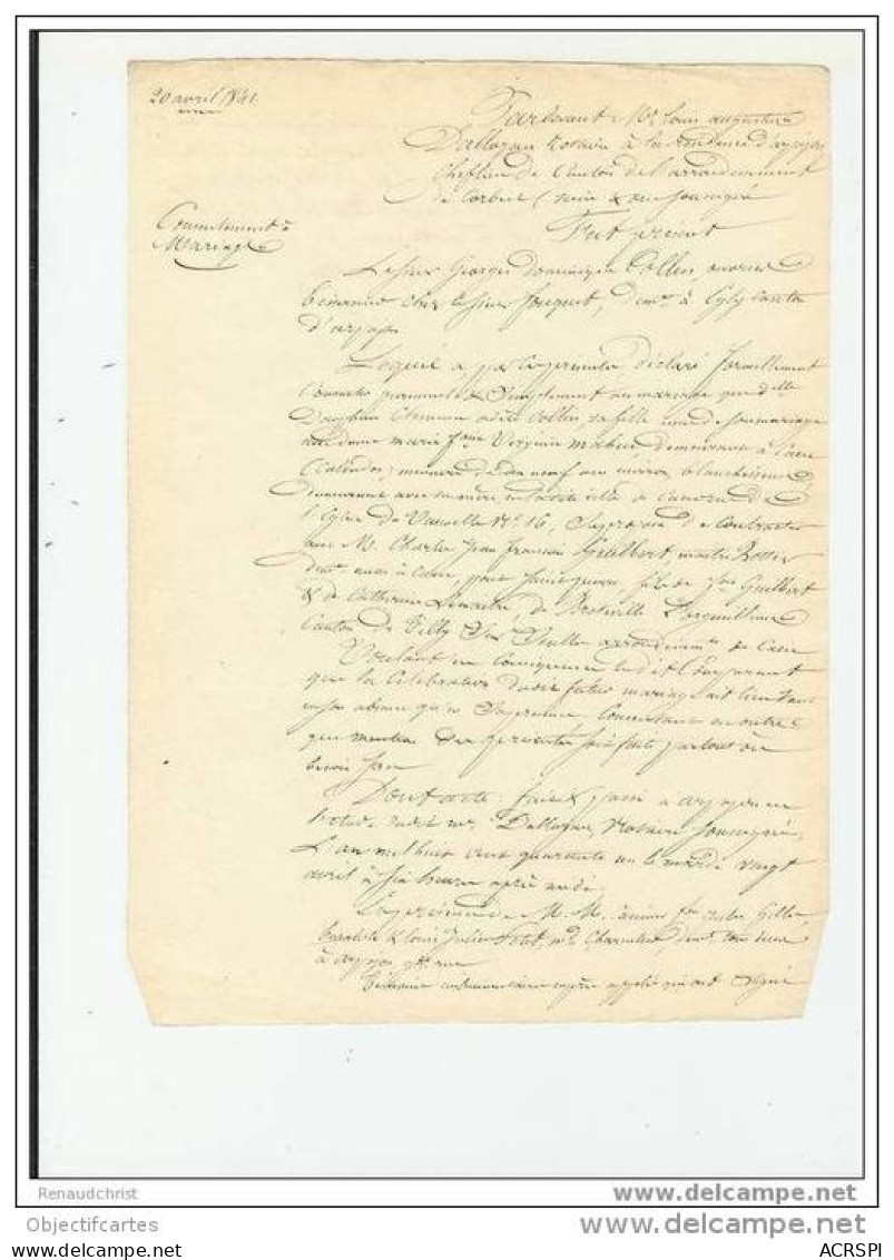 Consentement Du 20 AVRIL 1841 Le Document Comporte 2 Pages Manuscrites - Manuscrits