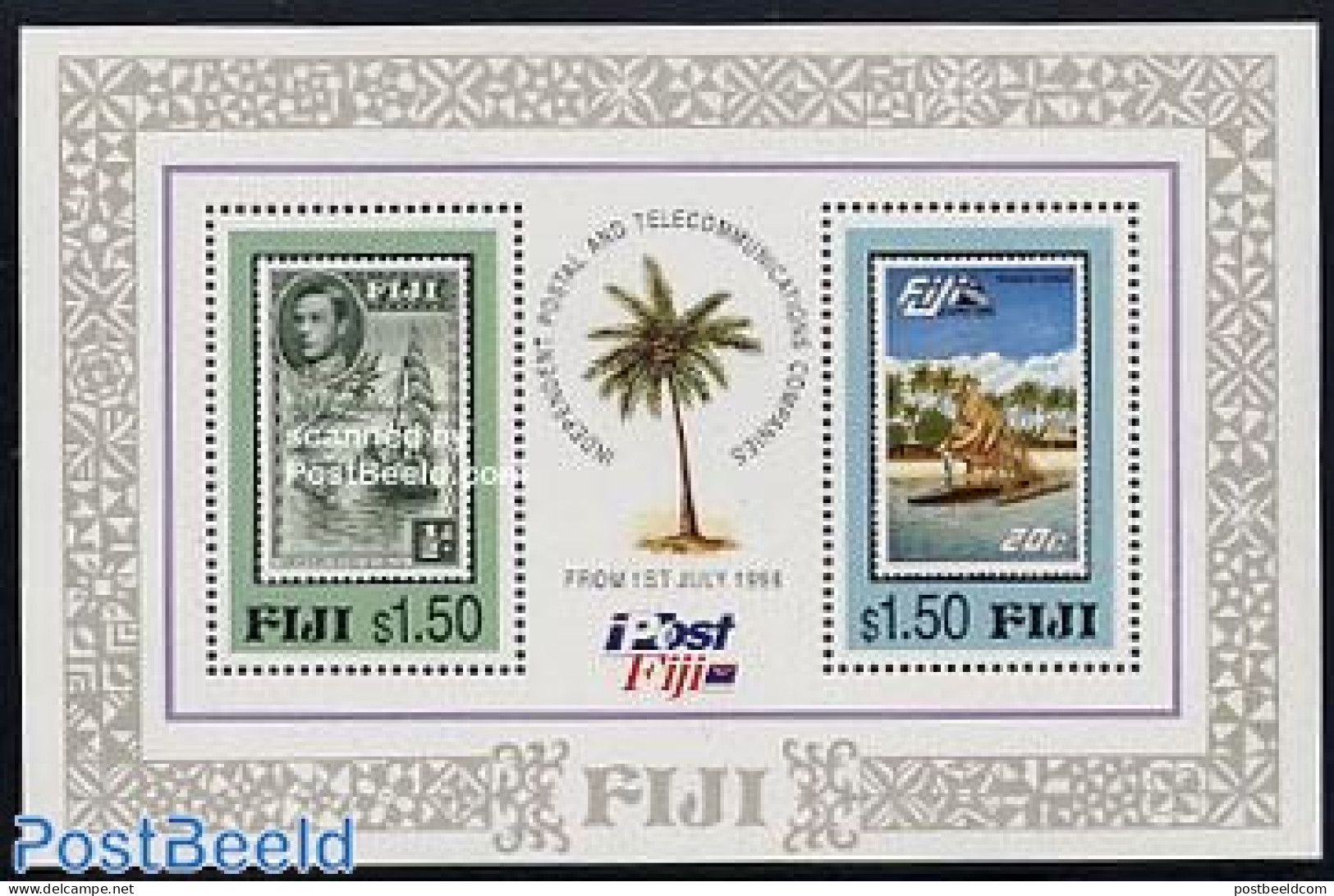 Fiji 1996 Post & Telecommunication S/s, Mint NH, Transport - Stamps On Stamps - Ships And Boats - Stamps On Stamps
