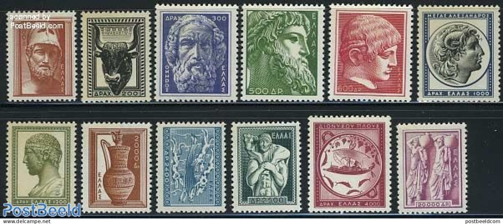 Greece 1954 Definitives 12v, Mint NH, Religion - Various - Greek & Roman Gods - Money On Stamps - Art - Sculpture - Ongebruikt