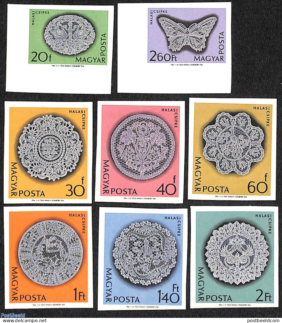 Hungary 1964 Lace 8v Imperforated, Mint NH, Nature - Various - Birds - Butterflies - Textiles - Nuevos