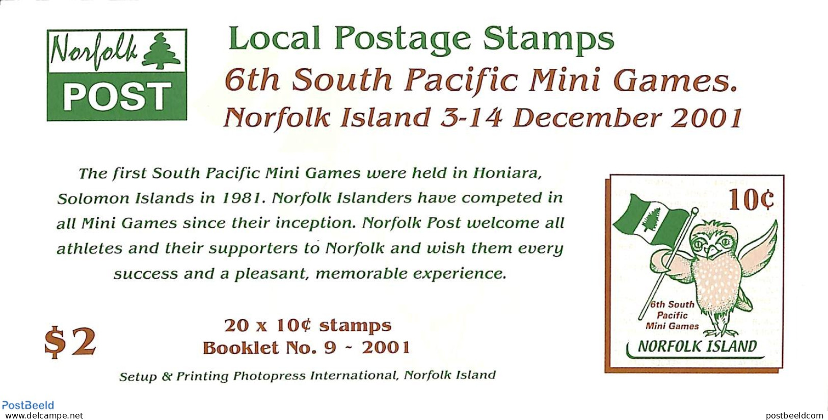 Norfolk Island 2001 South Pacific Games Booklet, Mint NH, Nature - Sport - Birds - Owls - Sport (other And Mixed) - St.. - Ohne Zuordnung