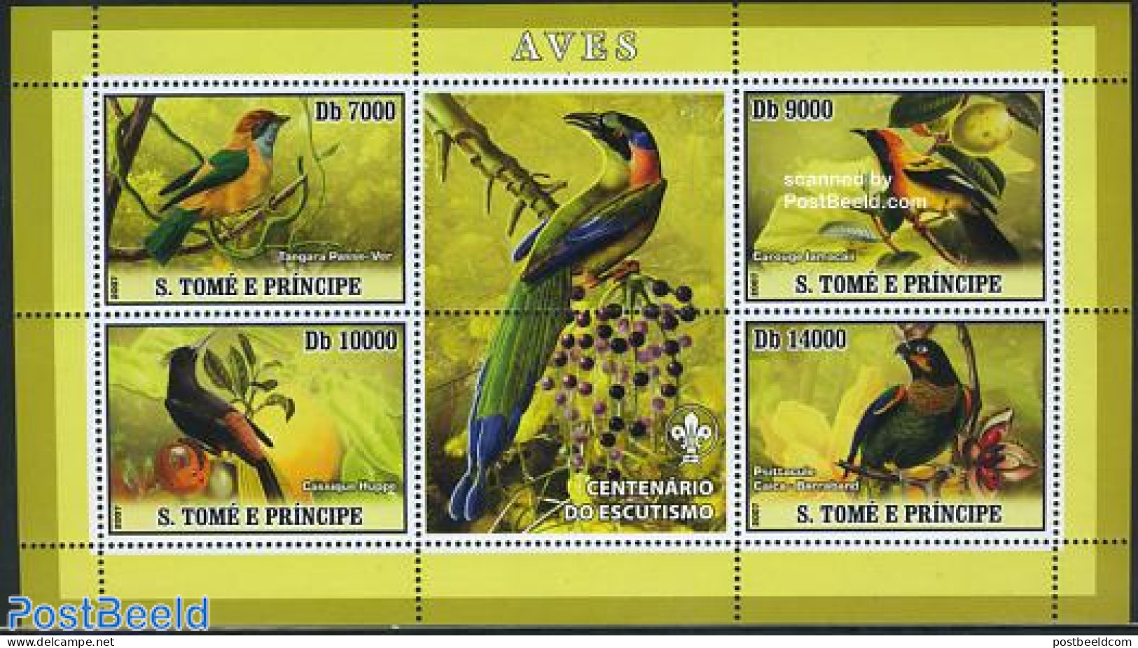 Sao Tome/Principe 2007 Birds 4v M/s (scouting Logo On Tab), Mint NH, Nature - Sport - Birds - Scouting - São Tomé Und Príncipe