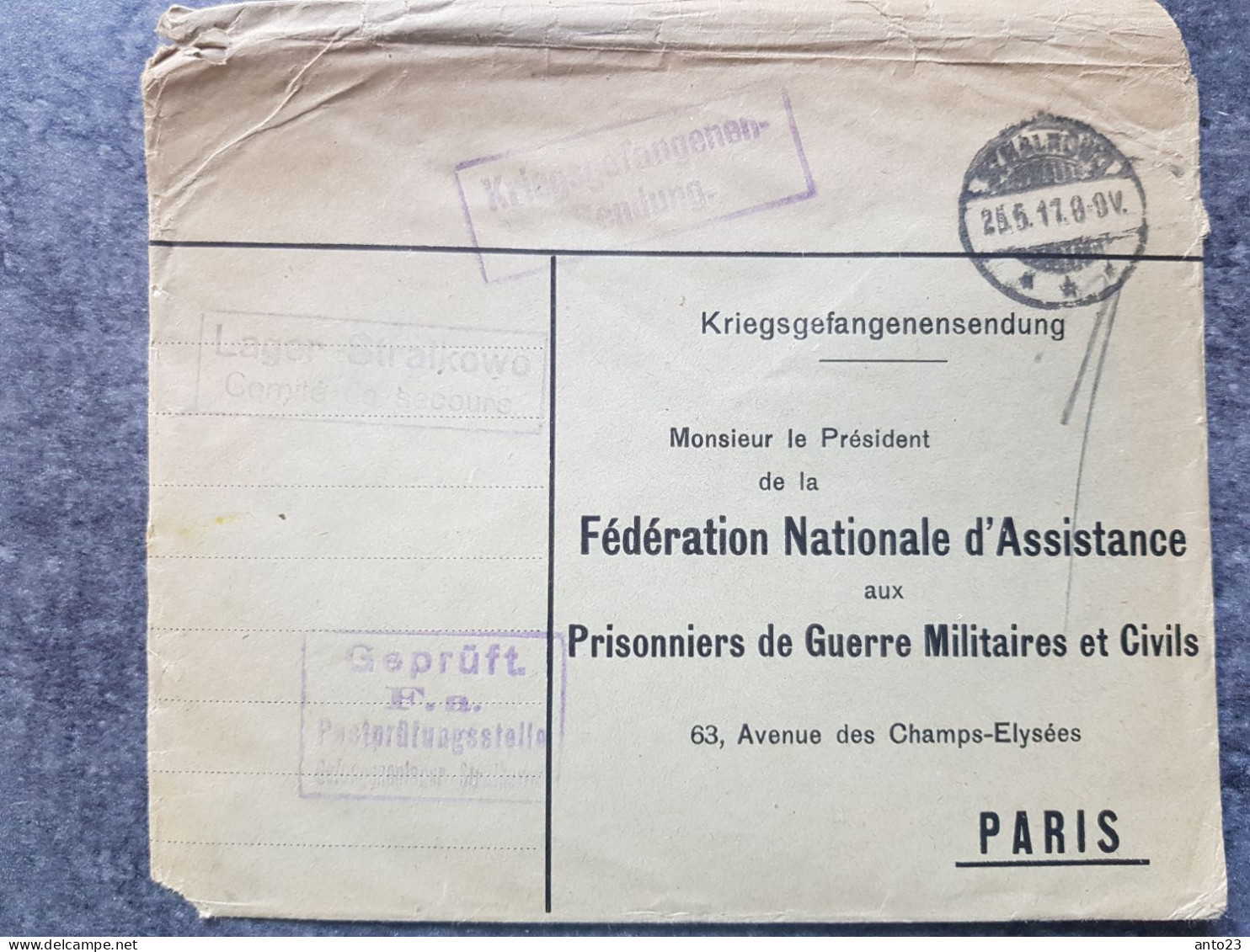 ENVELOPPE  De PRISONNIER DE GUERRE Ww1 - Federation National D Assistance Aux Prisonniers De Guerre Militaires Et Civils - 1914-18