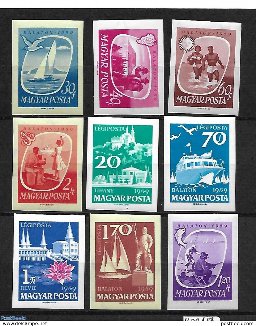 Hungary 1959 Balaton Lake 9v Imperforated, Mint NH, Nature - Sport - Transport - Various - Fishing - Wine & Winery - S.. - Unused Stamps