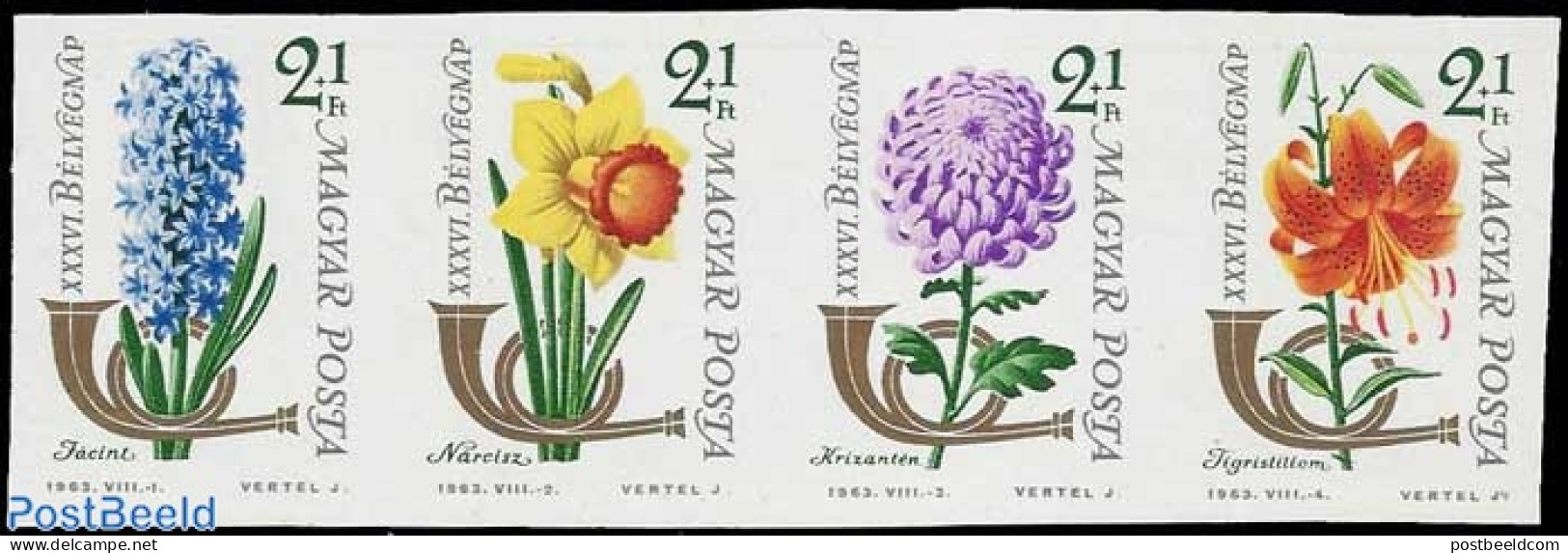 Hungary 1963 Stamp Day 4v Imperforated [:::], Mint NH, Nature - Flowers & Plants - Stamp Day - Nuovi