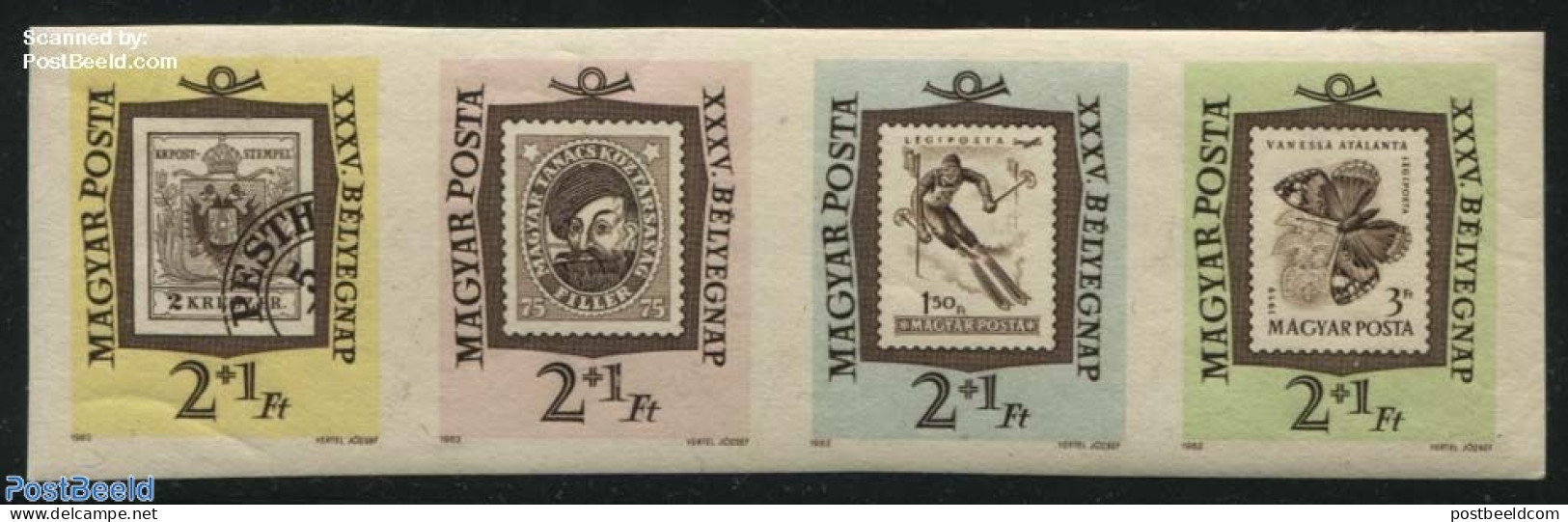 Hungary 1962 Stamp Day 4v [:::] Imperforated, Mint NH, Nature - Sport - Butterflies - Skiing - Stamp Day - Stamps On S.. - Nuovi