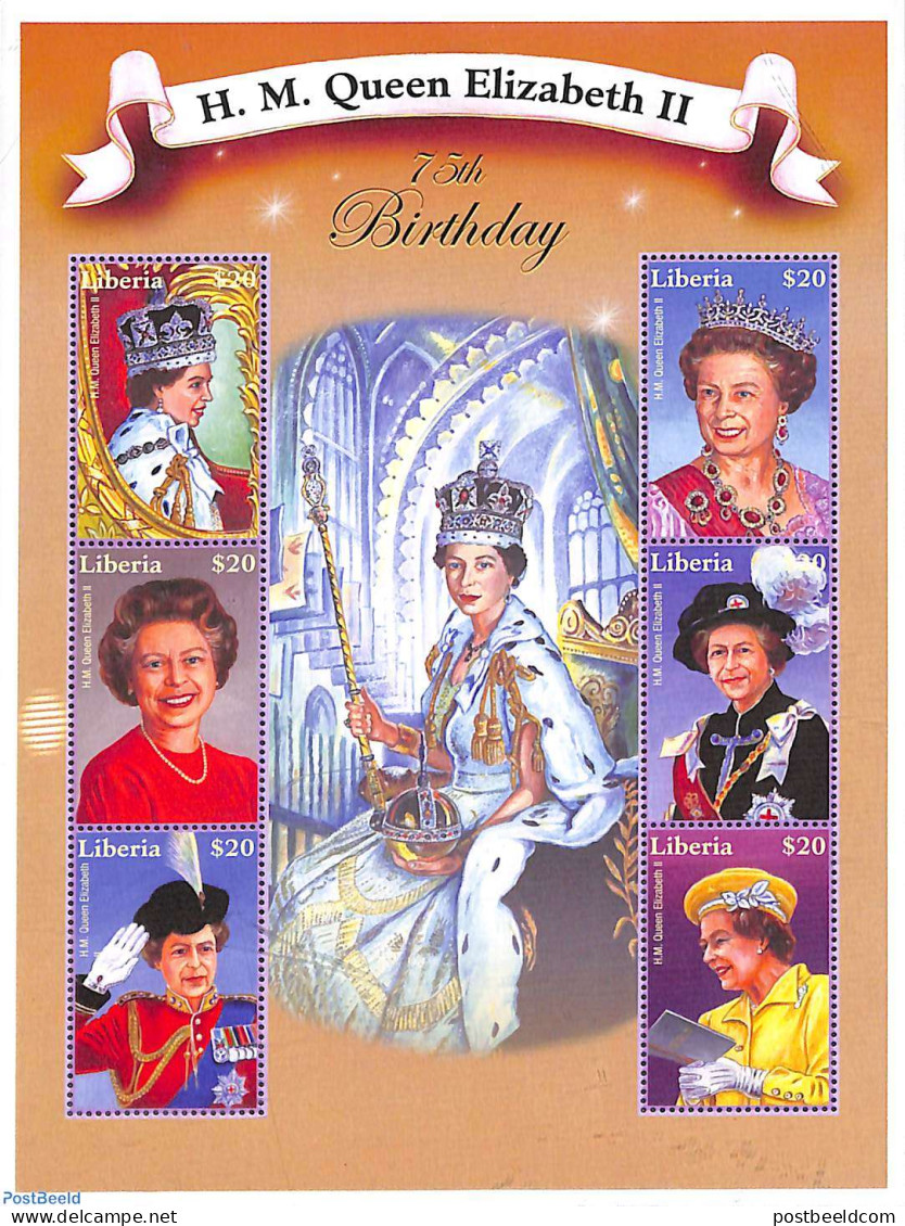 Liberia 2001 Elizabeth II 75th Anniversary 6v M/s, Mint NH, History - Kings & Queens (Royalty) - Koniklijke Families