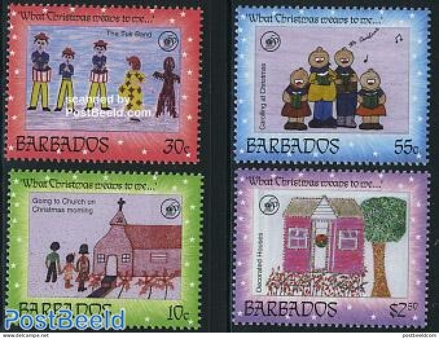 Barbados 1996 UNICEF 4v, Mint NH, History - Religion - Unicef - Christmas - Art - Children Drawings - Weihnachten