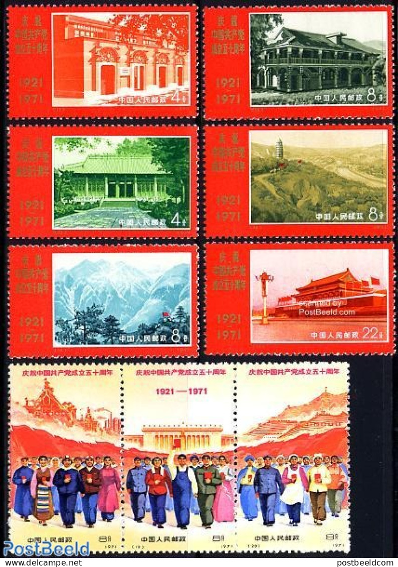 China People’s Republic 1971 50 Years Communist Party 9v (with Unfolded Strip Of 3), Mint NH, Art - Architecture - Ungebraucht