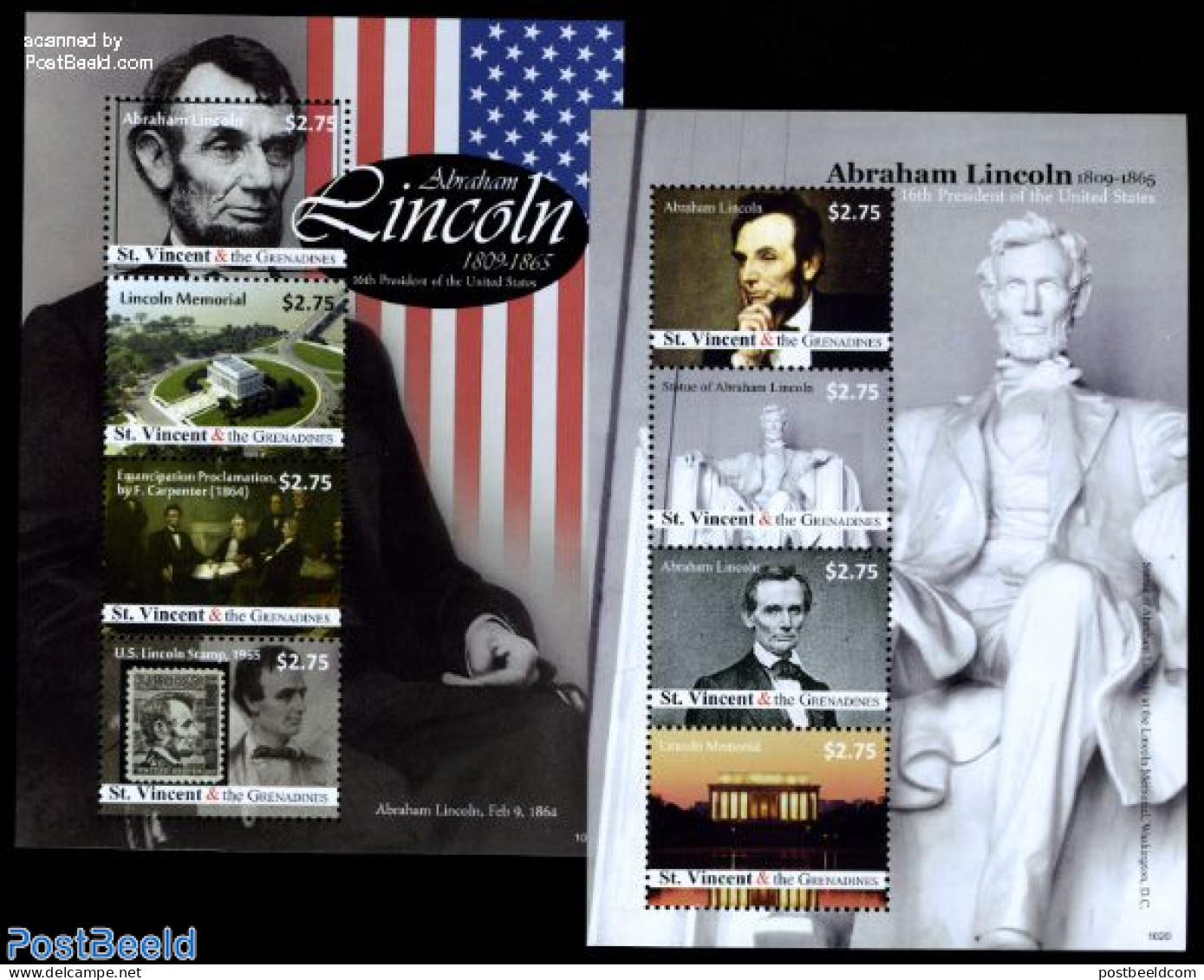 Saint Vincent 2010 Abraham Lincoln 8v (2 M/s), Mint NH, History - American Presidents - Stamps On Stamps - Sellos Sobre Sellos
