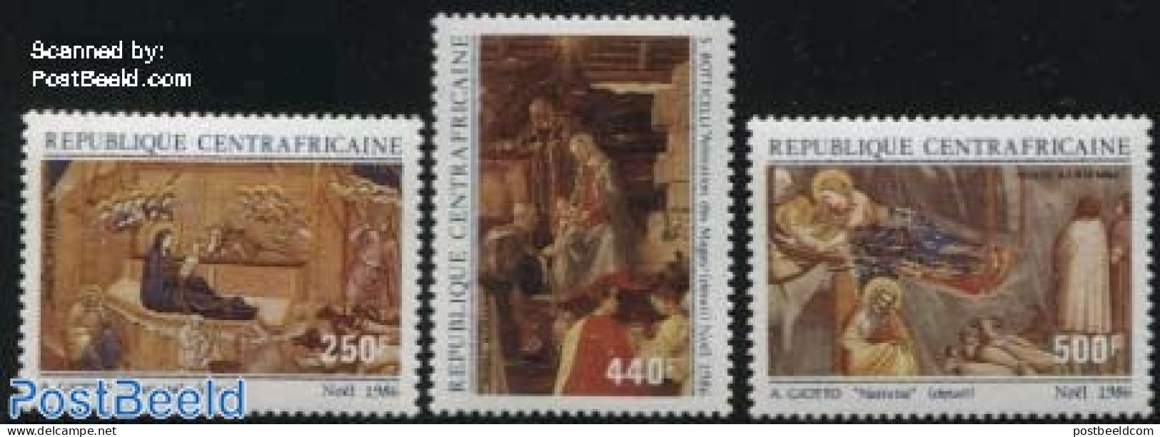 Central Africa 1986 Christmas 3v, Mint NH, Religion - Christmas - Art - Paintings - Noël