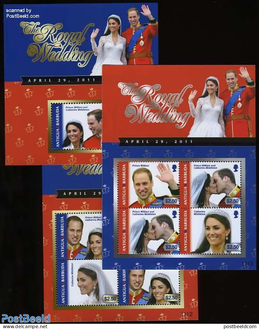 Antigua & Barbuda 2011 Royal Wedding, William & Kate 3 S/s, Mint NH, History - Kings & Queens (Royalty) - Koniklijke Families