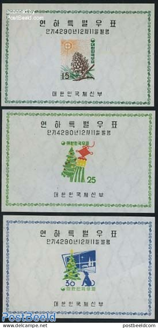 Korea, South 1957 Christmas 3 S/s, Mint NH, Nature - Religion - Dogs - Christmas - Noël