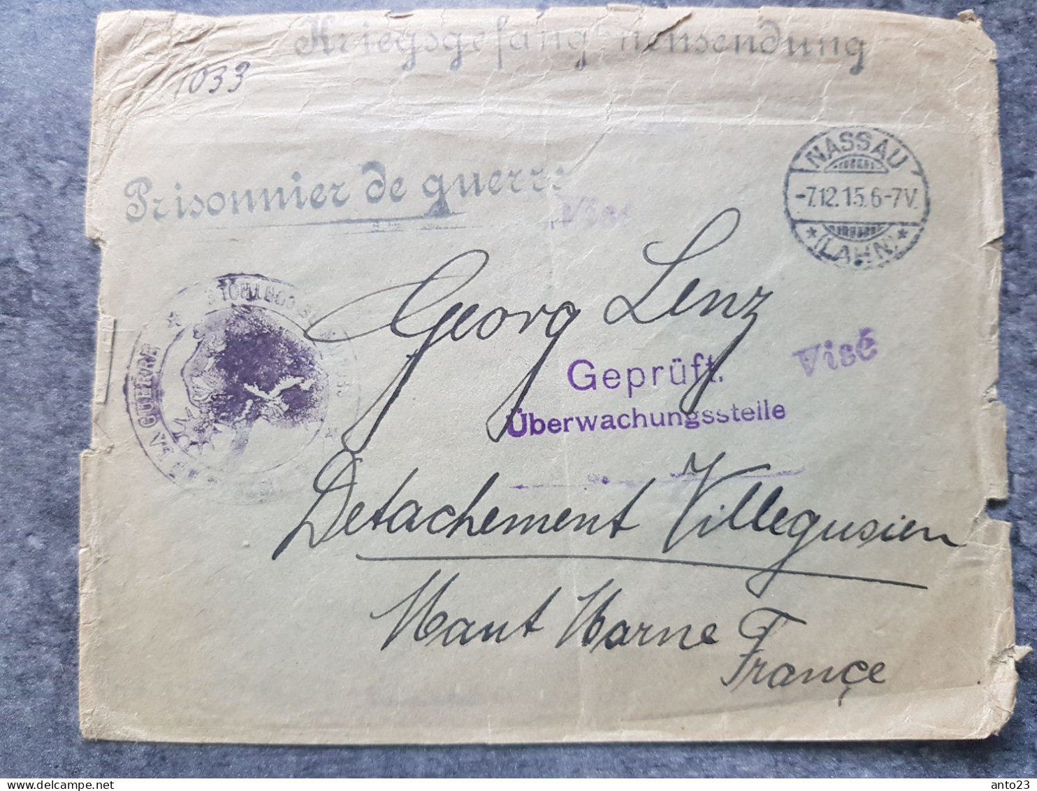 ENVELOPPE  De PRISONNIER DE GUERRE Ww1 - NASSAU - GRIFFE PRISONNIER DE GUERRE - CENSURE - - 1914-18