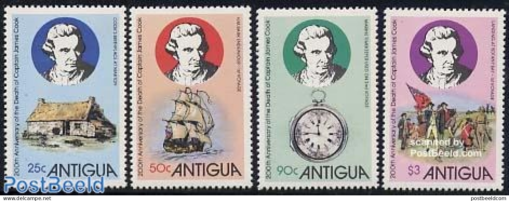 Antigua & Barbuda 1979 James Cook 4v, Mint NH, History - Transport - Explorers - Ships And Boats - Art - Clocks - Explorers