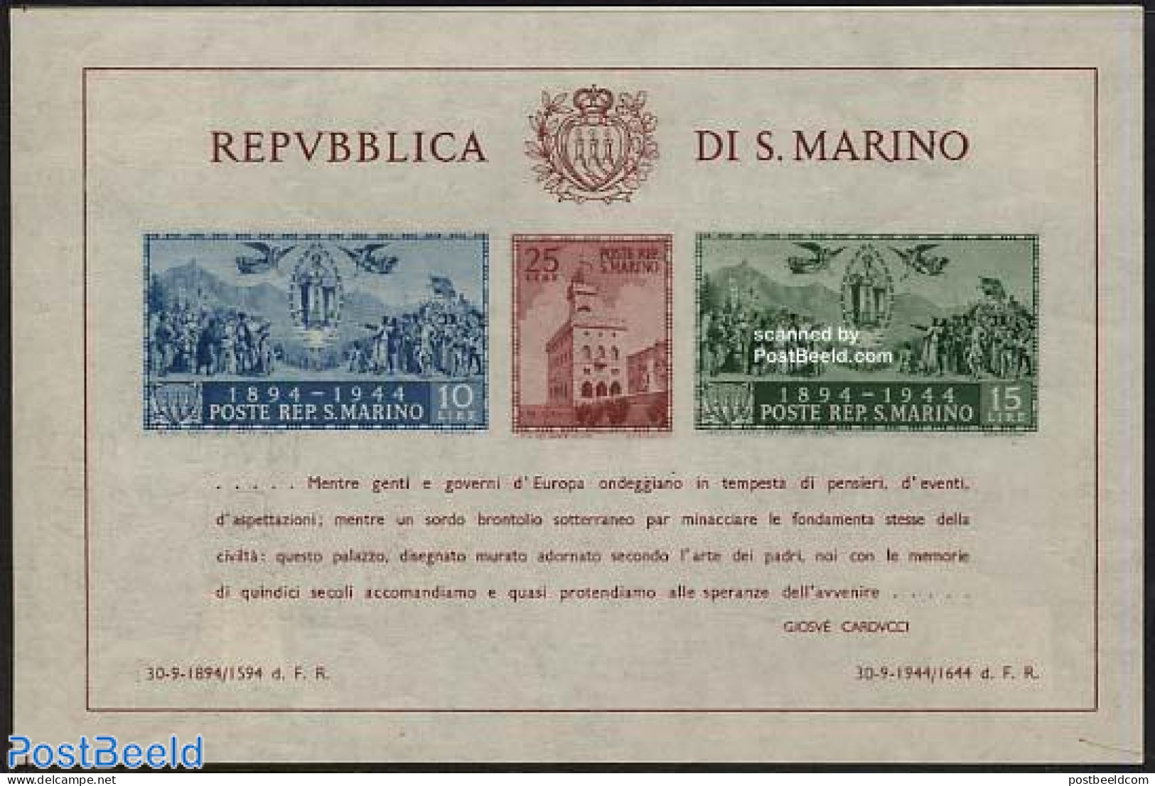 San Marino 1945 Governmential Palace S/s Imperforated, Mint NH - Ungebraucht