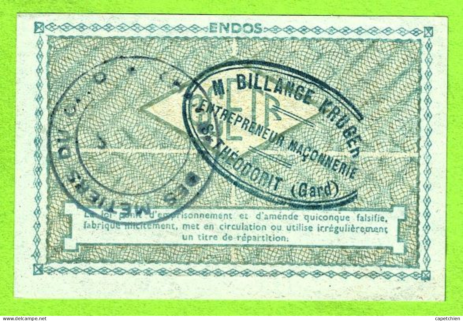 BILLET DE 10 KG D'ACIER ORDINAIRE / DATE LIMITE  31 DECEMBRE 1948 / AU DOS : M. BILLANGE KRUGER à SAINT THEODORIT - Notgeld