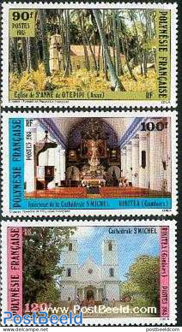 French Polynesia 1985 Churches 3v, Mint NH, Religion - Churches, Temples, Mosques, Synagogues - Unused Stamps