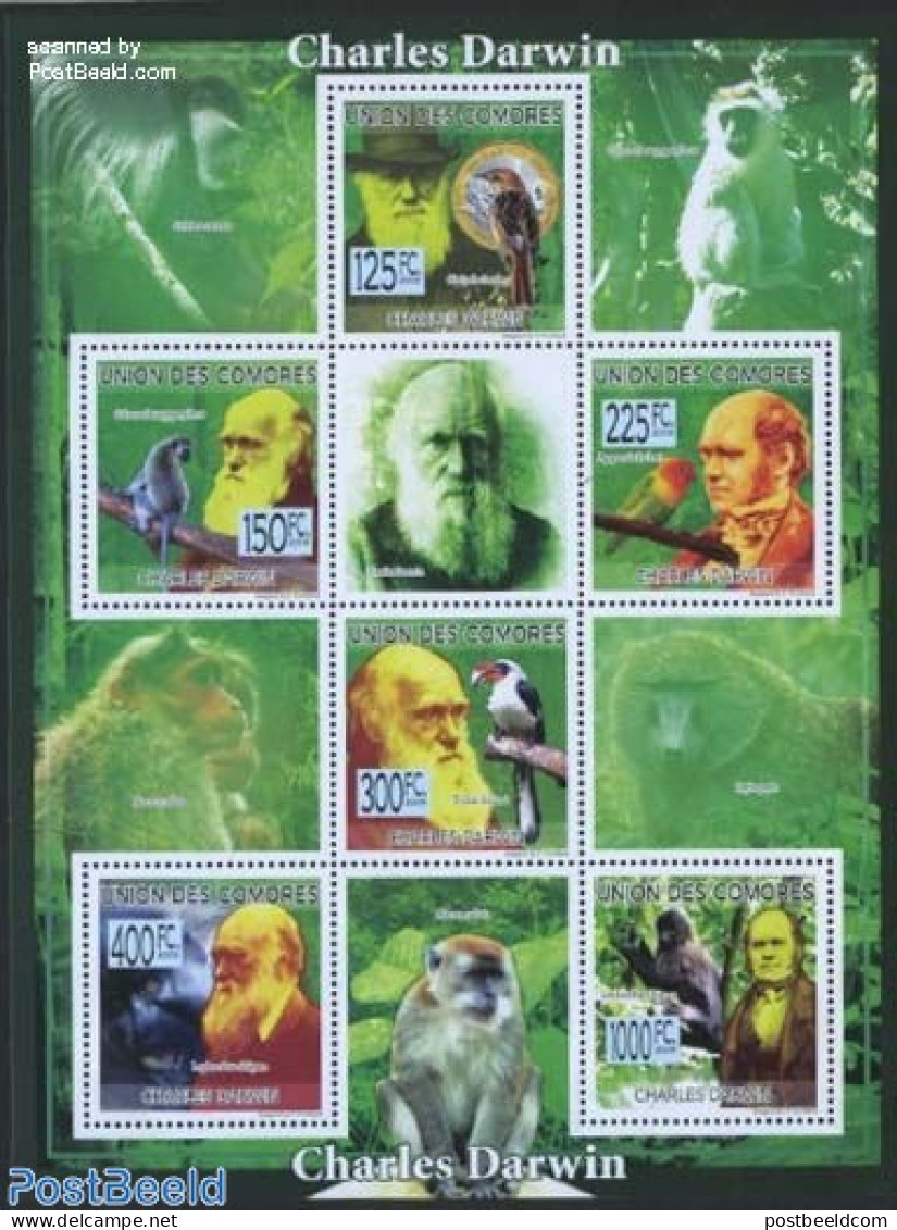 Comoros 2009 Charles Darwin 6v M/s, Mint NH, History - Nature - Explorers - Animals (others & Mixed) - Birds - Monkeys - Erforscher
