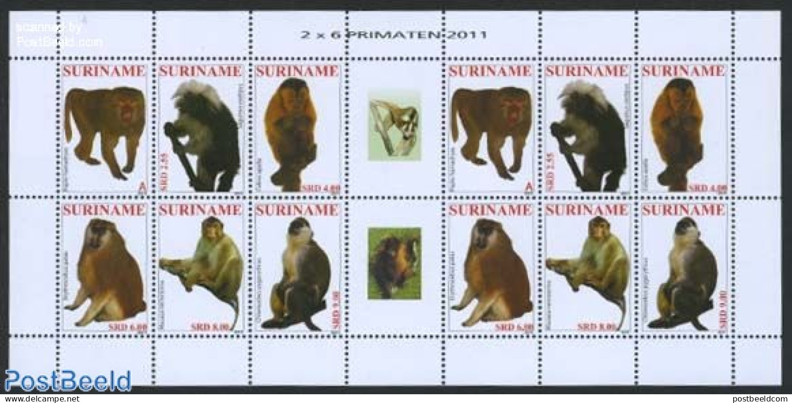 Suriname, Republic 2011 Monkeys 2x6v M/s, Mint NH, Nature - Animals (others & Mixed) - Monkeys - Surinam