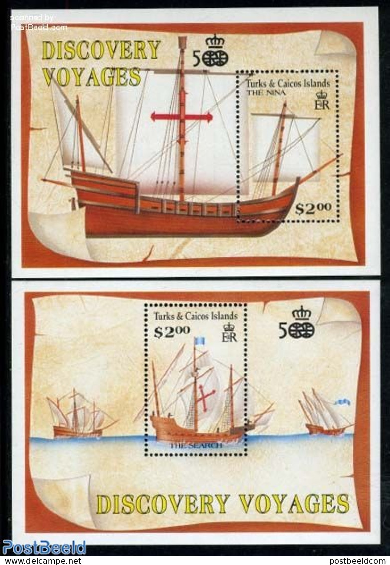 Turks And Caicos Islands 1991 Discoveries 2 S/s, Mint NH, History - Transport - Explorers - Ships And Boats - Explorateurs