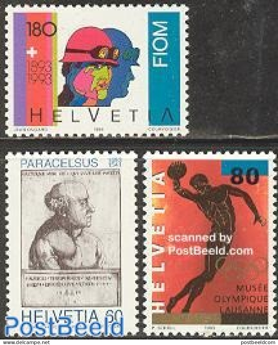 Switzerland 1993 Mixed Issue 3v, Mint NH, Science - Sport - Chemistry & Chemists - Olympic Games - Art - Museums - Unused Stamps