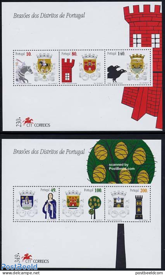 Portugal 1997 District Arms 2 S/s, Mint NH, History - Nature - Transport - Coat Of Arms - Knights - Birds - Horses - S.. - Ongebruikt