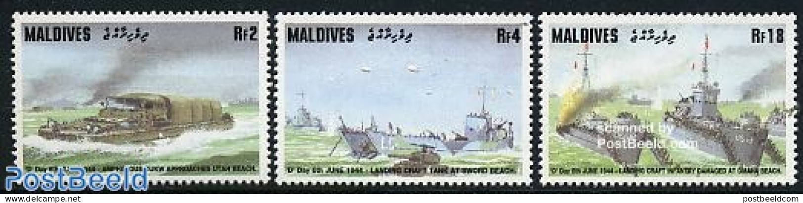 Maldives 1994 D-Day 3v, Mint NH, History - Transport - World War II - Ships And Boats - 2. Weltkrieg
