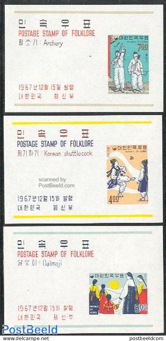 Korea, South 1967 Folklore 3 S/s, Mint NH, Sport - Various - Badminton - Shooting Sports - Folklore - Badminton