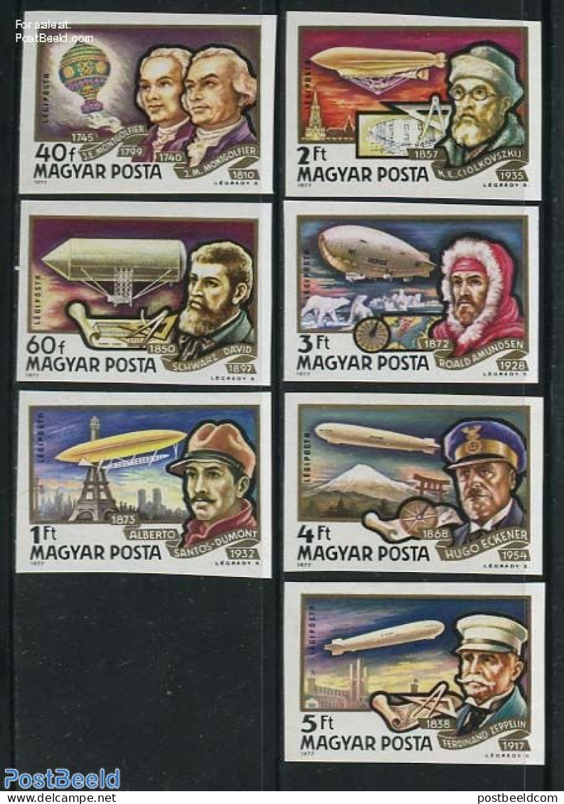 Hungary 1977 Airship History 7v Imperforated, Mint NH, Transport - Balloons - Zeppelins - Unused Stamps