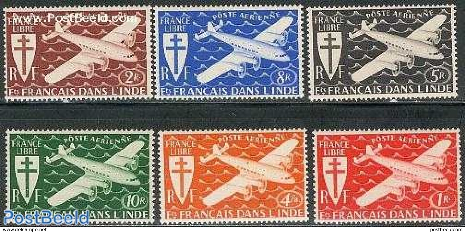 French India 1942 Victory 6v, Unused (hinged), Transport - Aircraft & Aviation - Ungebraucht