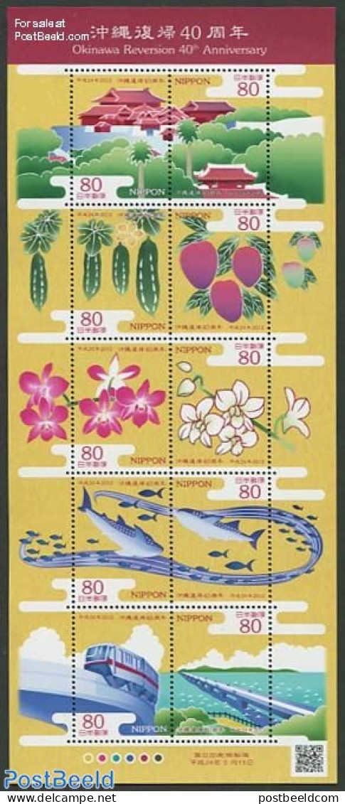 Japan 2012 40 Years Ryu Kyu 10v M/s, Mint NH, Nature - Transport - Fish - Flowers & Plants - Fruit - Railways - Art - .. - Nuevos