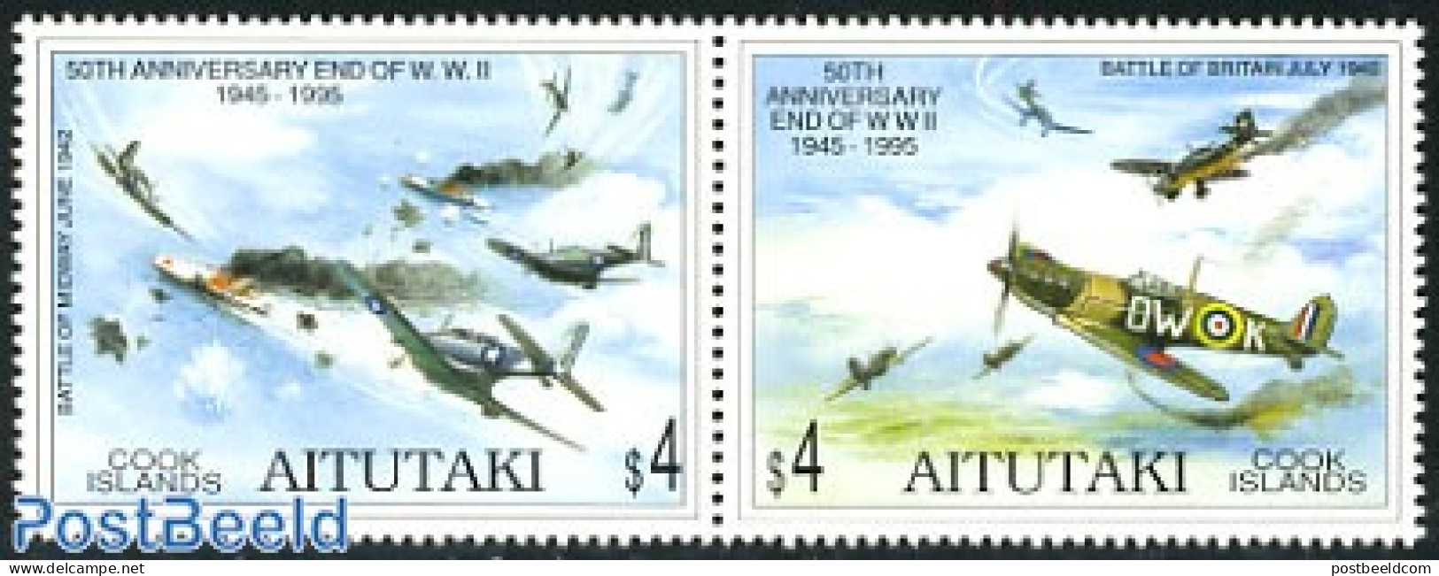 Aitutaki 1995 End Of World War II 2v, Mint NH, History - Transport - Militarism - World War II - Aircraft & Aviation - Militaria