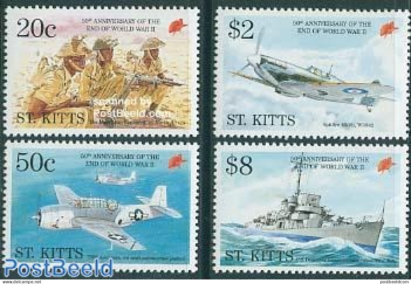 Saint Kitts/Nevis 1995 End Of World War II 4v, Mint NH, History - Transport - World War II - Aircraft & Aviation - Shi.. - 2. Weltkrieg