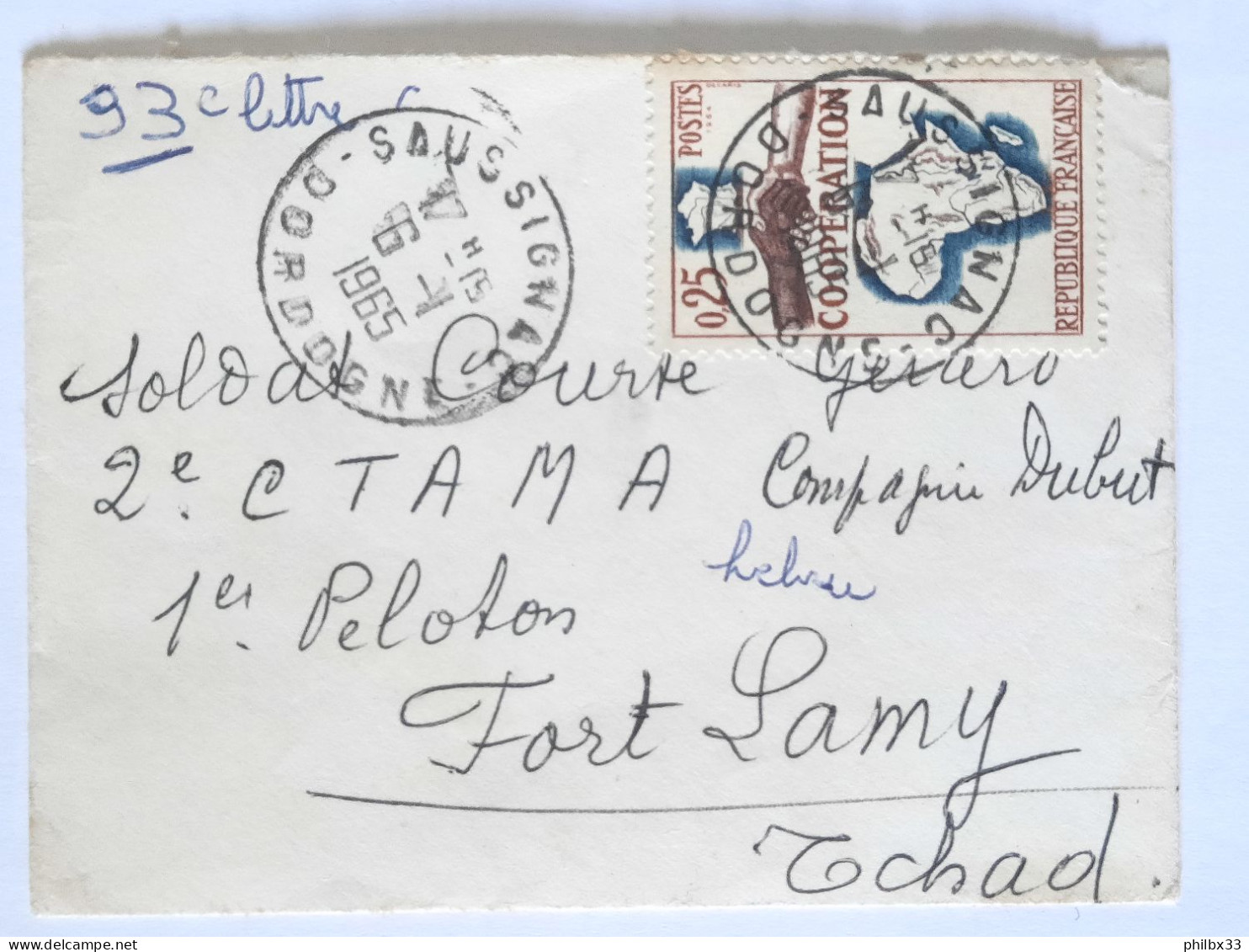 Envellope Timbrée 1965 En Dordogne Saussigny Coopération Vers Fort-lamy Tchad - Cartas & Documentos