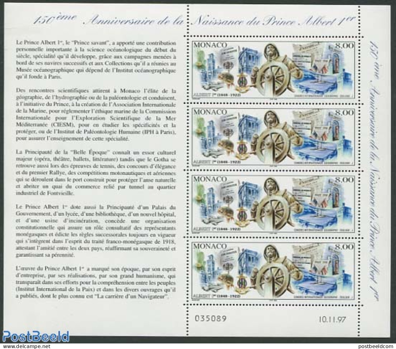 Monaco 1997 Prince Albert I M/s, Mint NH, History - Nature - Transport - Newspapers & Journalism - Fish - Ships And Bo.. - Unused Stamps