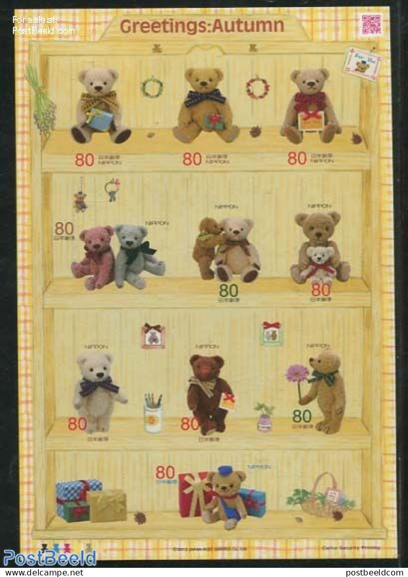 Japan 2012 Teddy Bears 10v M/s S-a, Mint NH, Various - Teddy Bears - Toys & Children's Games - Nuevos