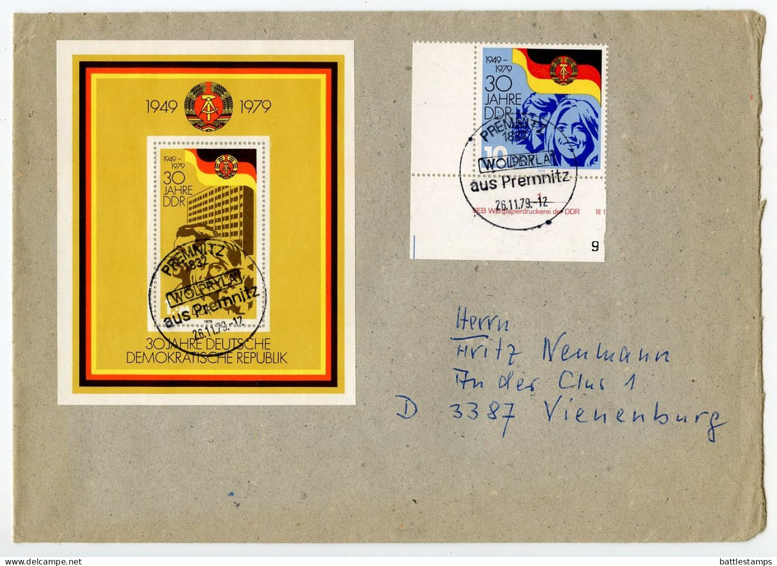 Germany, East 1979 Cover; Premnitz To Vienenburg; DDR 30th Anniversary 10pf. Stamp & 1m. Souvenir Sheet - Covers & Documents