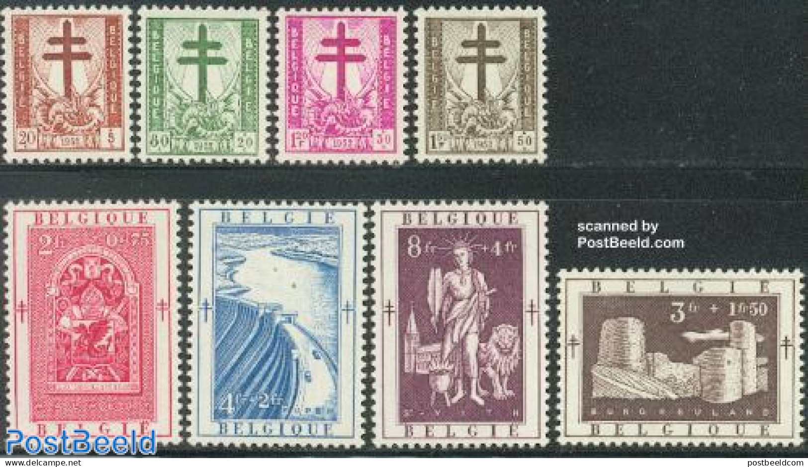 Belgium 1952 Anti Tuberculosis 8v, Unused (hinged), Health - History - Nature - Transport - Health - Coat Of Arms - Wa.. - Unused Stamps