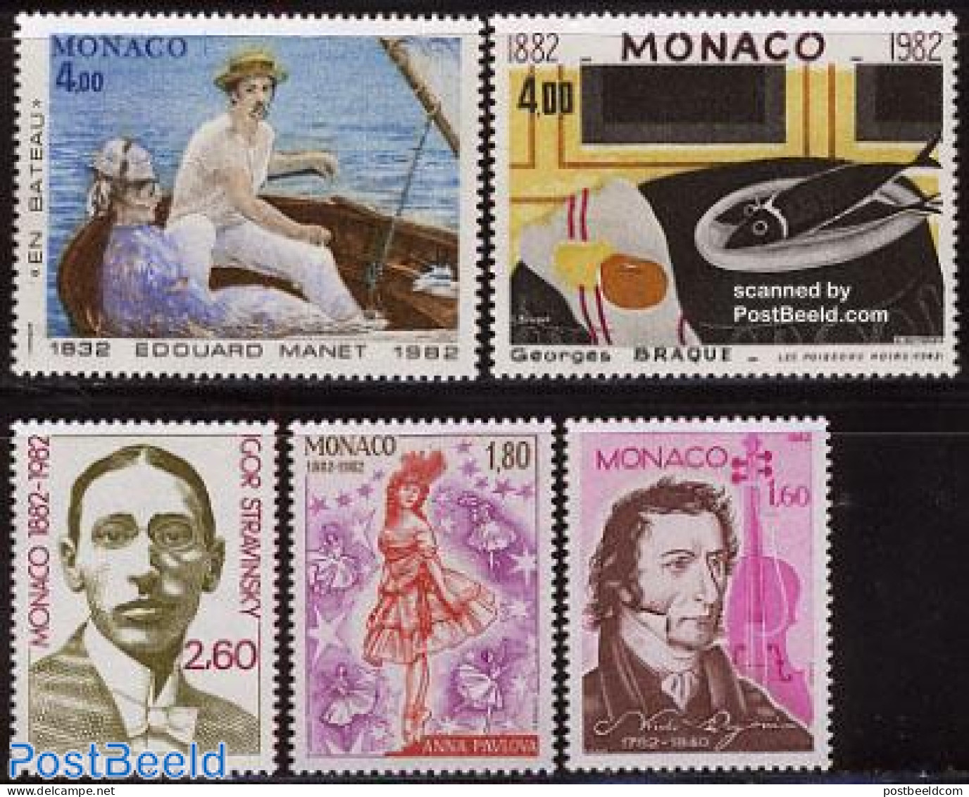 Monaco 1982 Art 5v, Mint NH, Nature - Performance Art - Transport - Fish - Dance & Ballet - Music - Ships And Boats - .. - Nuevos