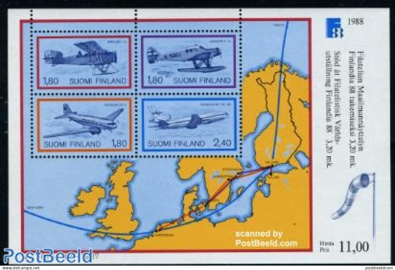 Finland 1988 Finlandia S/s, Mint NH, Transport - Various - Philately - Aircraft & Aviation - Maps - Neufs