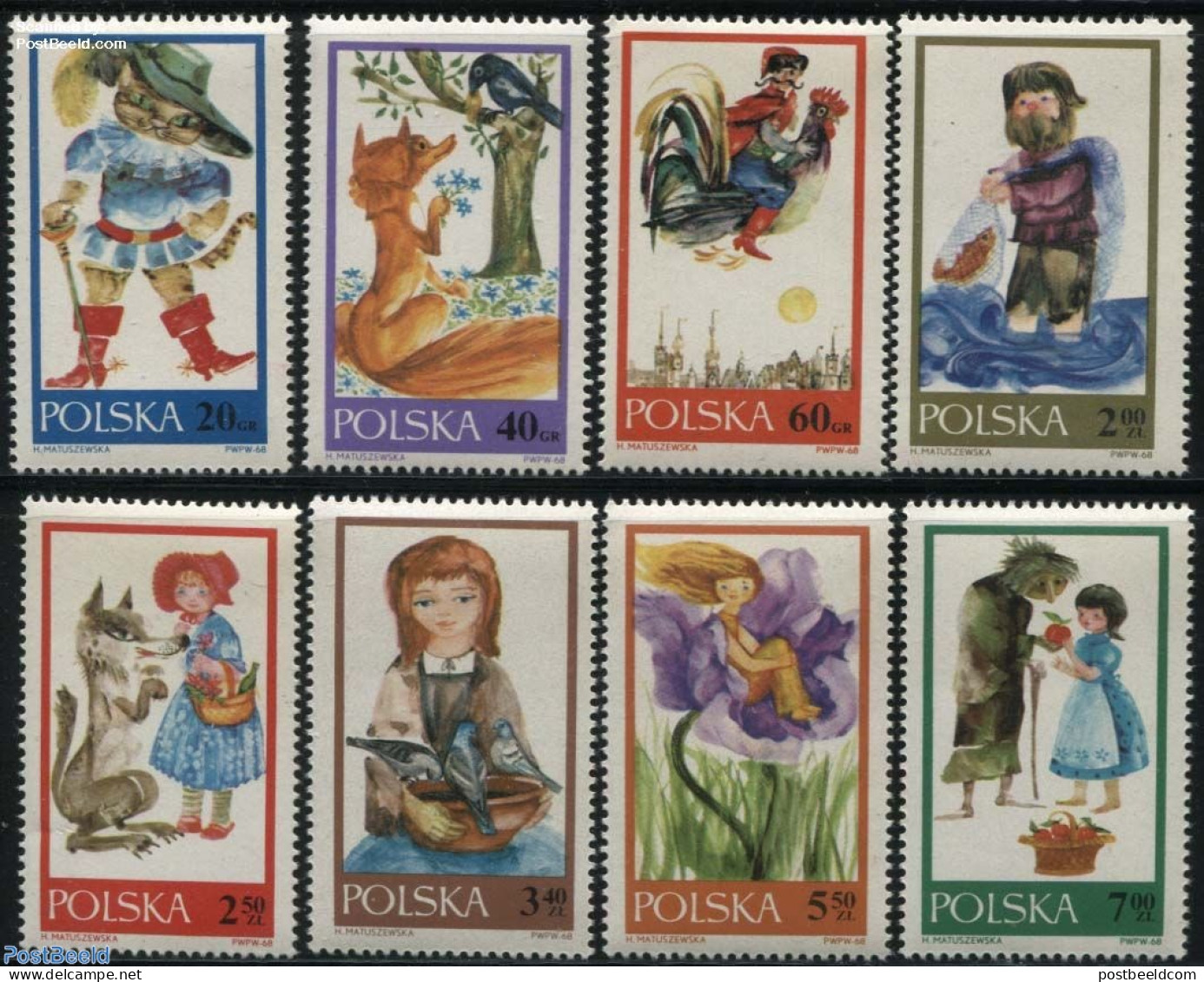 Poland 1968 Fairy Tales 8v, Mint NH, Nature - Birds - Cats - Fishing - Poultry - Art - Fairytales - Pigeons - Neufs