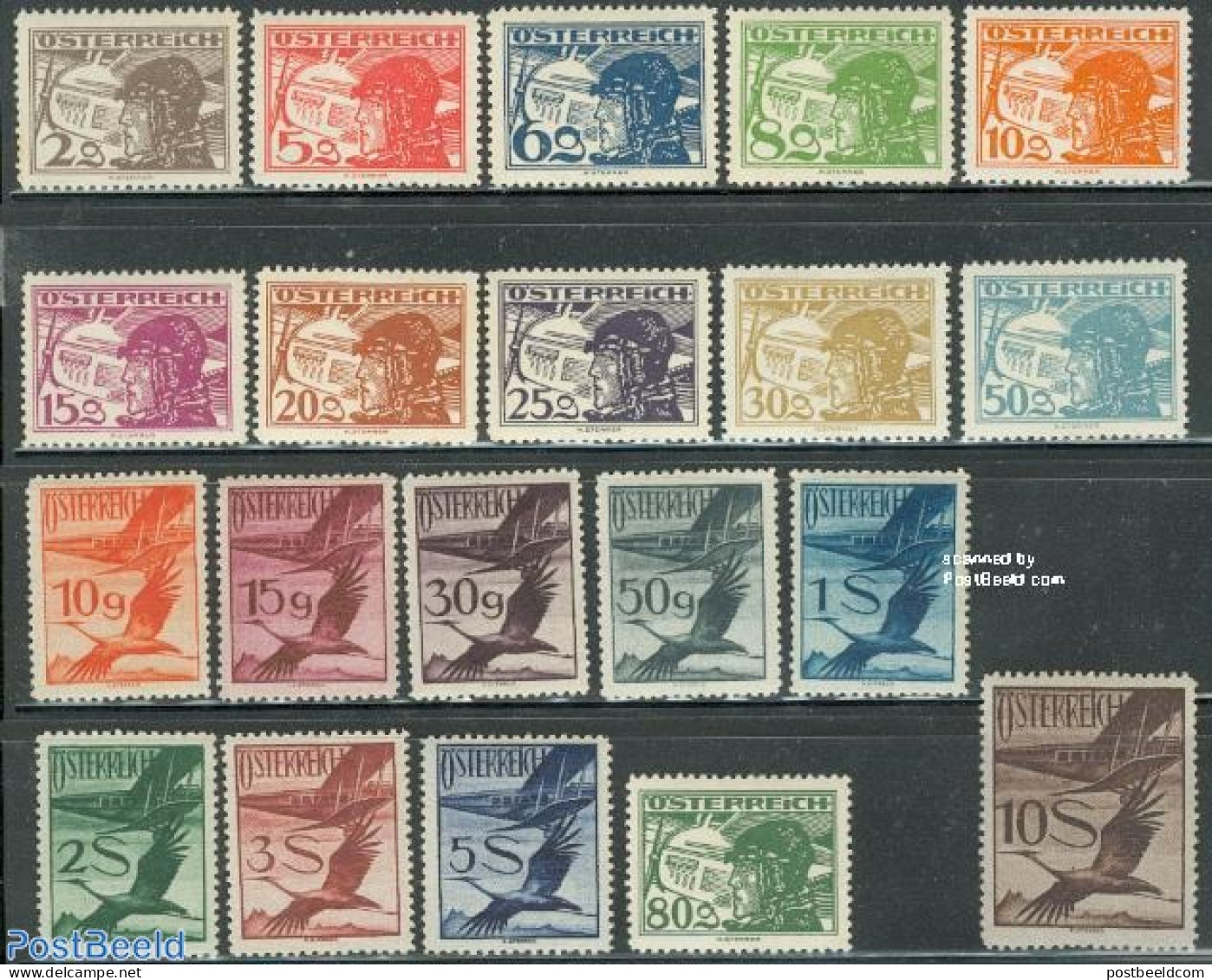 Austria 1925 Airmail Definitives 20v, Unused (hinged), Nature - Transport - Birds - Aircraft & Aviation - Unused Stamps