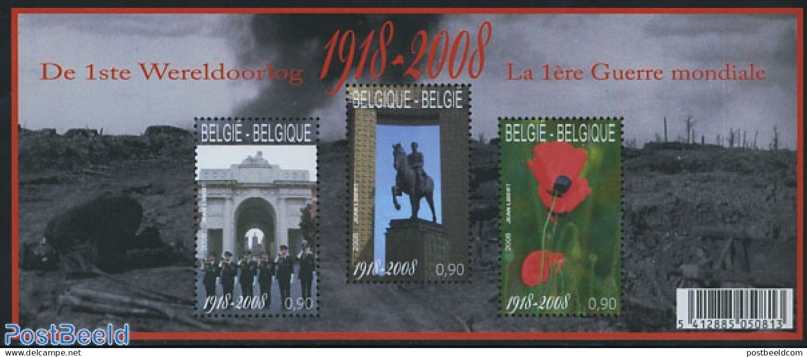 Belgium 2008 World War I 3v M/s, Mint NH, History - Nature - Militarism - Flowers & Plants - Horses - Art - Sculpture .. - Unused Stamps