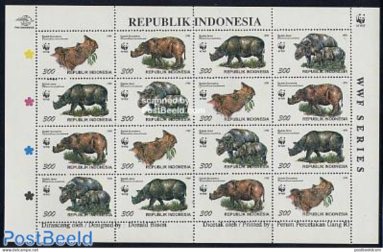 Indonesia 1996 WWF Sheet Of 16, Mint NH, Nature - Animals (others & Mixed) - Rhinoceros - World Wildlife Fund (WWF) - Indonesia