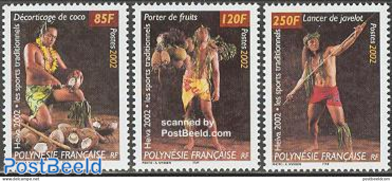 French Polynesia 2002 Tradional Sports 3v, Mint NH, Nature - Sport - Fruit - Sport (other And Mixed) - Ongebruikt