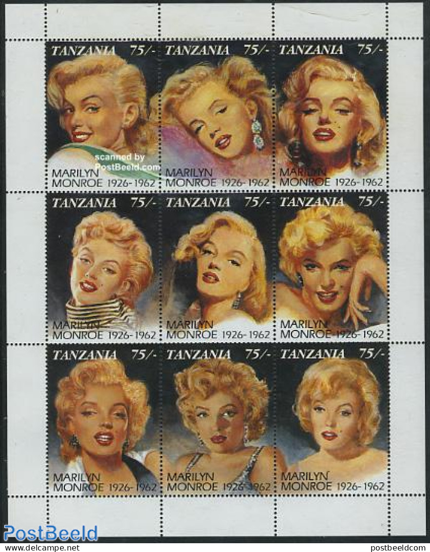 Tanzania 1992 Marilyn Monroe 9v M/s, Mint NH, Performance Art - Marilyn Monroe - Movie Stars - Acteurs