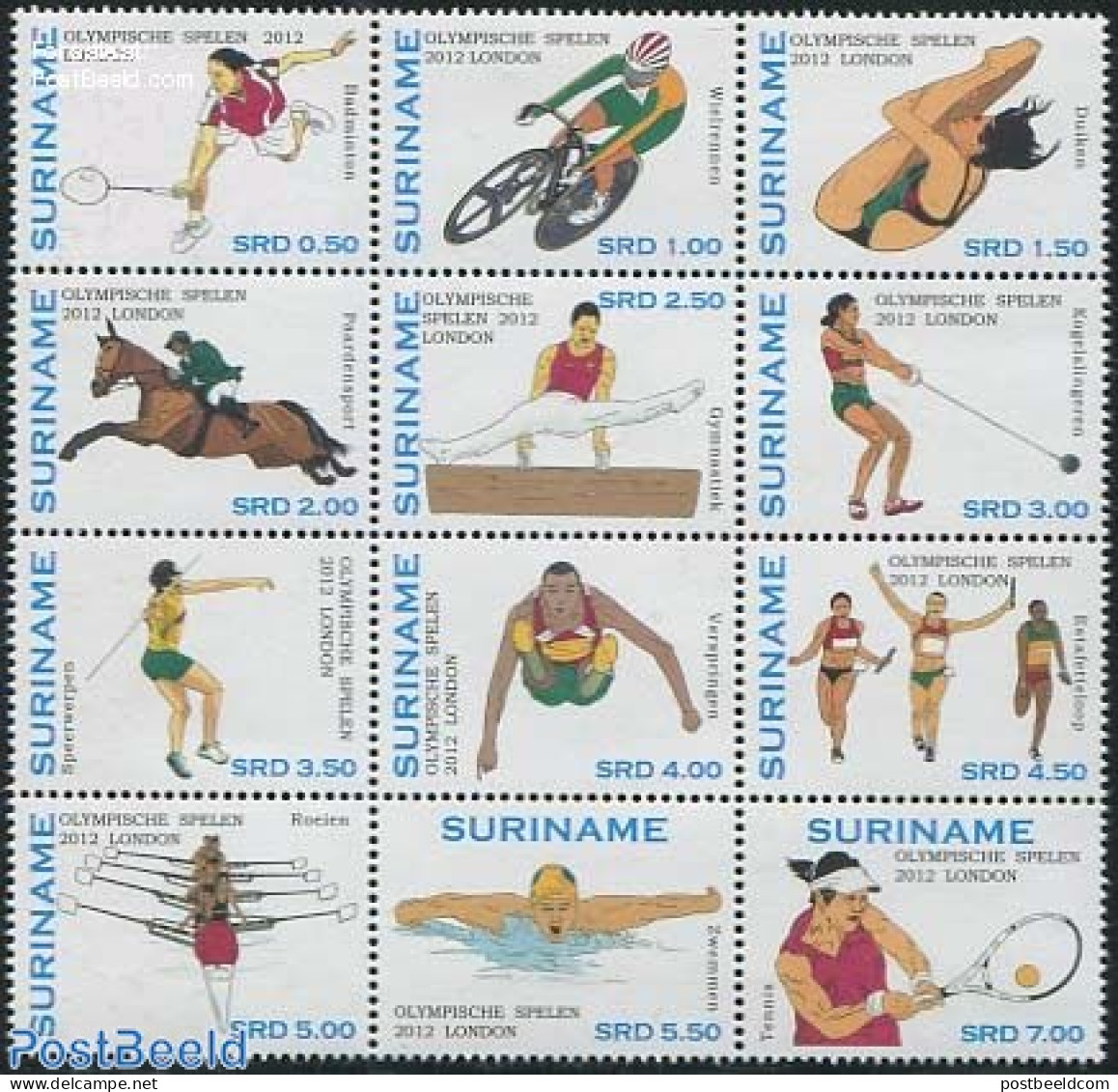 Suriname, Republic 2012 Olympic Games London 12v, Sheetlet, Mint NH, Nature - Sport - Horses - Athletics - Cycling - G.. - Leichtathletik